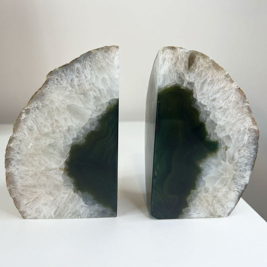 Pair of Green Agate Polished Geode Bookends